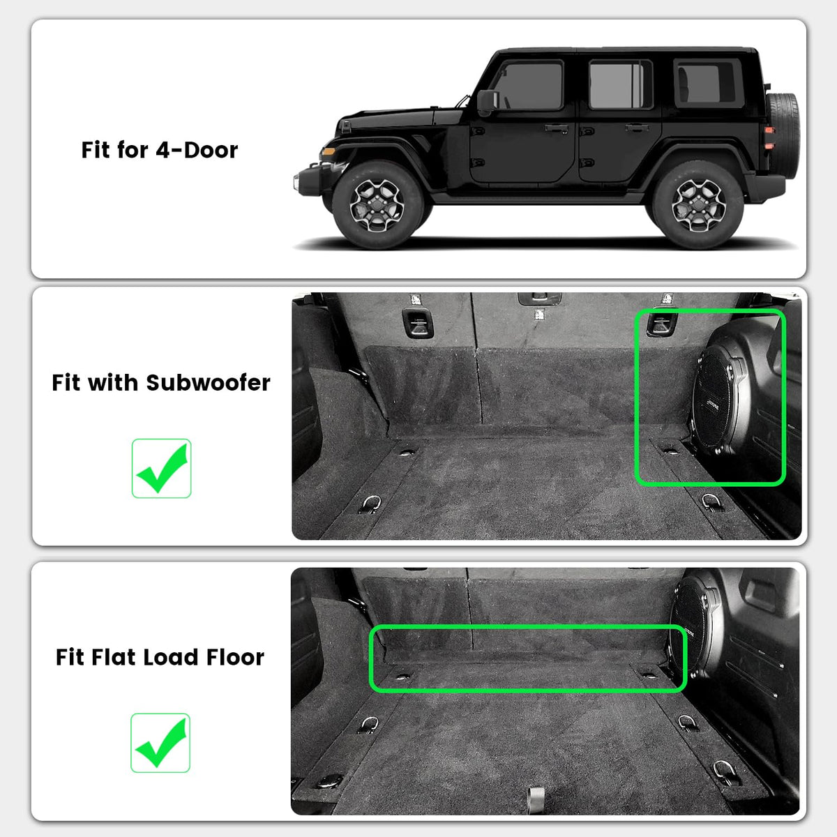 Top-down view of LASFIT mat seated on flat load floor of Jeep Wrangler JL — full coverage benefit