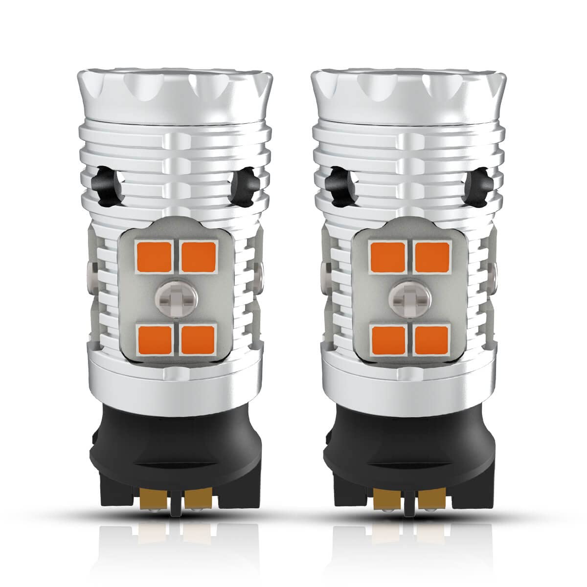 LASFIT front view of two amber PWY24W bulbs showing housing and contacts, improves visibility