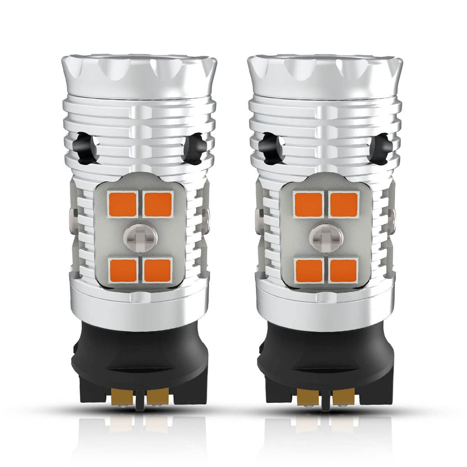 LASFIT front view of two amber PWY24W bulbs showing housing and contacts, improves visibility