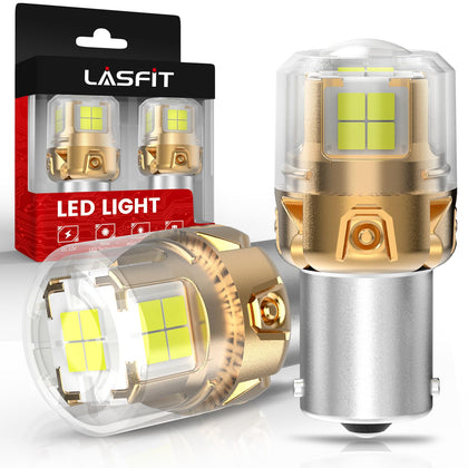 LASFIT front view of 1156 LED two-pack showing ready-to-install bulbs and packaging benefit