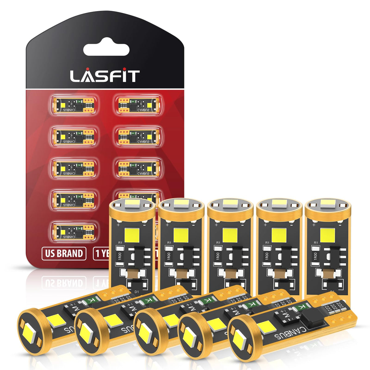LASFIT front packaging showing pack of 10 194 LED bulbs and benefits