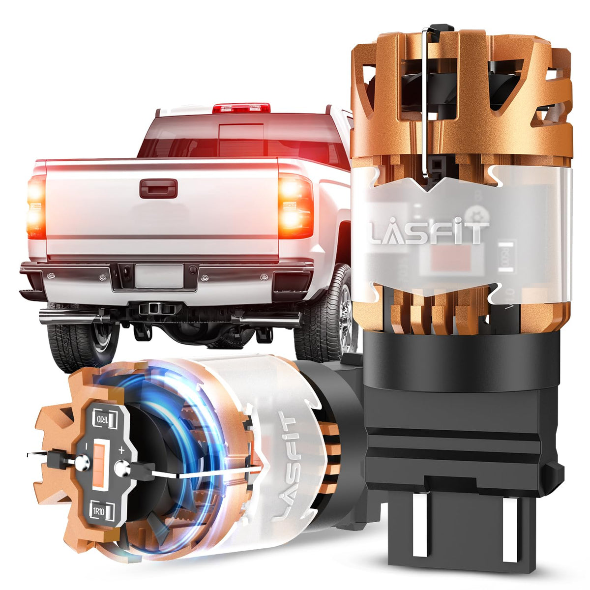 LASFIT front view of 3157 red LED bulbs packaging showing model and fit benefit