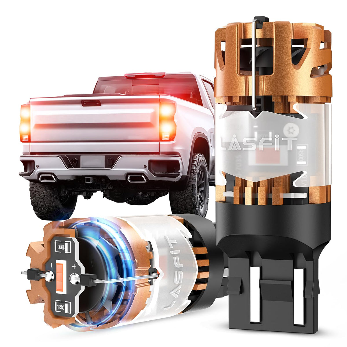 LASFIT front packaging showing two 7443 LED brake bulbs, improved safety