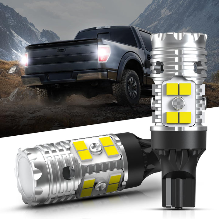 LASFIT front view packaging showing two 921 LED bulbs and benefits