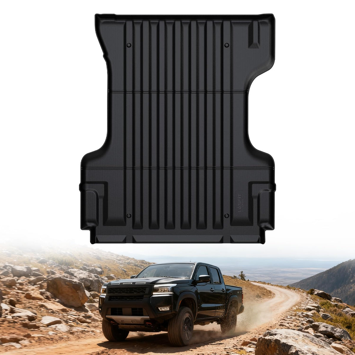 LASFIT front packaging showing bed mat and fit for Frontier; protects bed surface