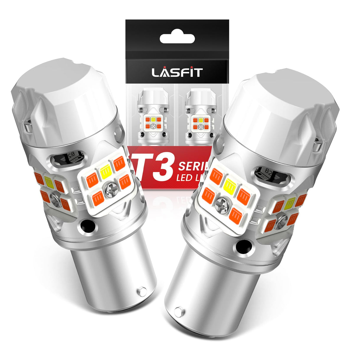 LASFIT T3 front view pack of 2 showing twin bulbs and compact profile, improving upgrade readiness