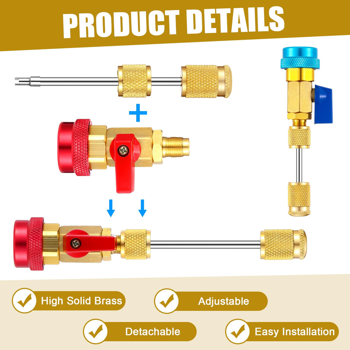 Lasnten valve cores and adapters laid flat to show R134A R1234YF R22 compatibility for technicians