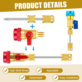 Lasnten valve cores and adapters laid flat to show R134A R1234YF R22 compatibility for technicians