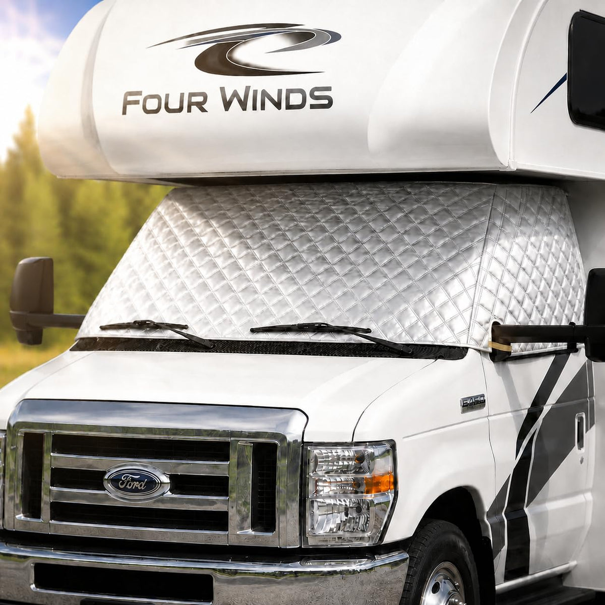 LATCH.IT front view on RV showing snug windshield fit and sun reflection reduction