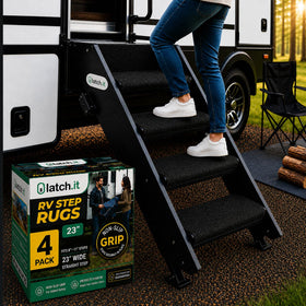 LATCH.IT front packaging showing four 23-inch step rugs and springs, highlights durable kit