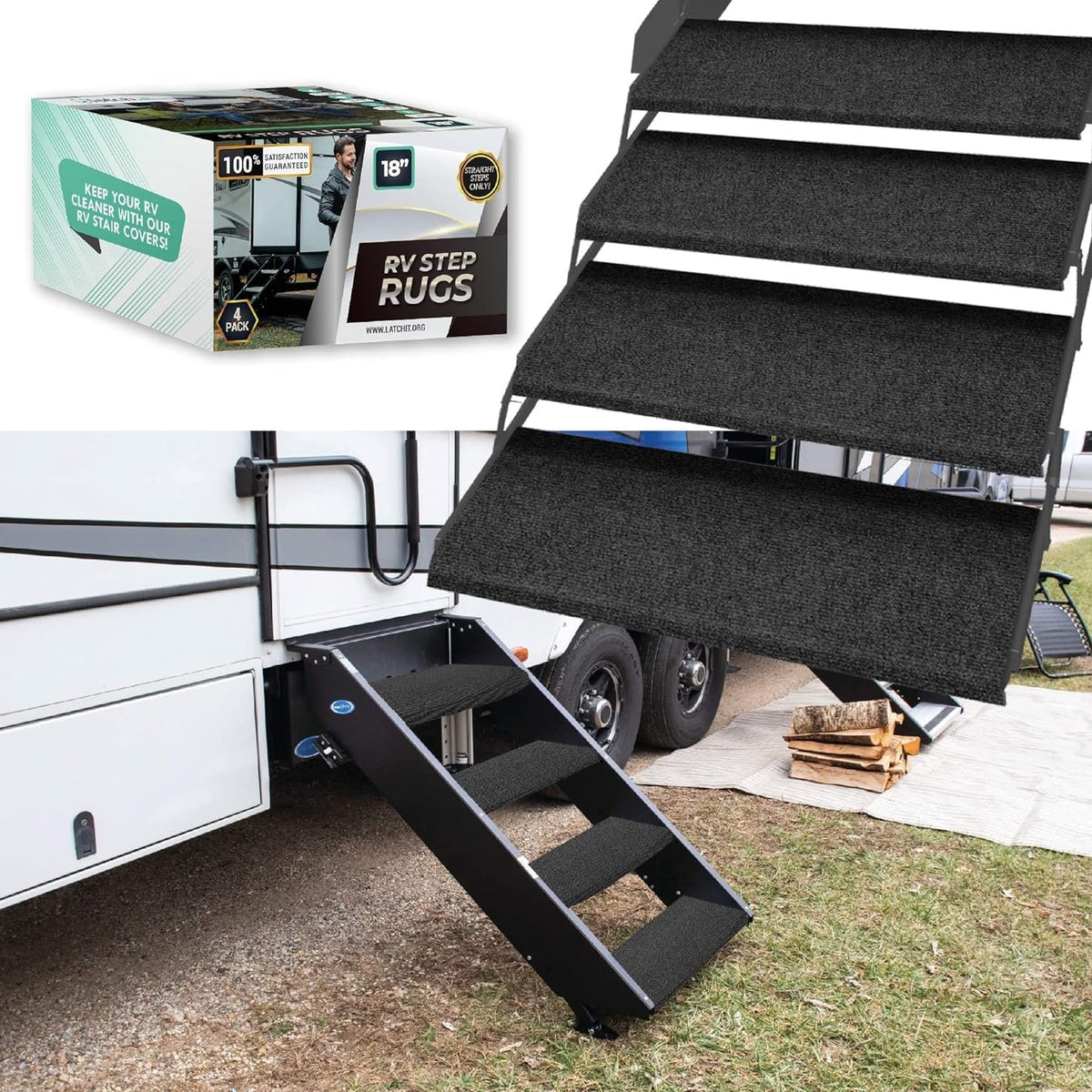 LATCH.IT front view of 4-pack step covers showing packaging and included hardware, durable protection