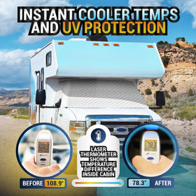 LATCH.IT installed on Ford E-450 Class C RV providing full front window coverage