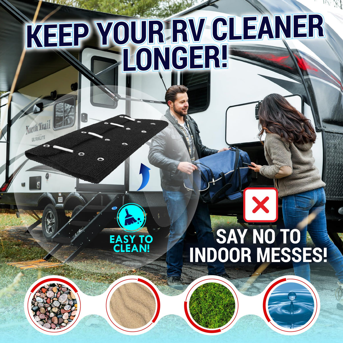 LATCH.IT installed on a camper step demonstrating full coverage and cleaner entry