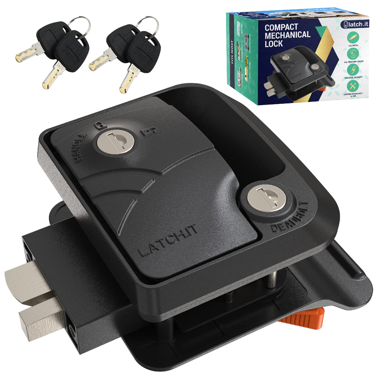 LATCH.IT front view of black RV door lock showing sturdy all-metal build and secure appearance