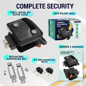 LATCH.IT installed on trailer door in outdoor setting showing weather resistance and travel readiness
