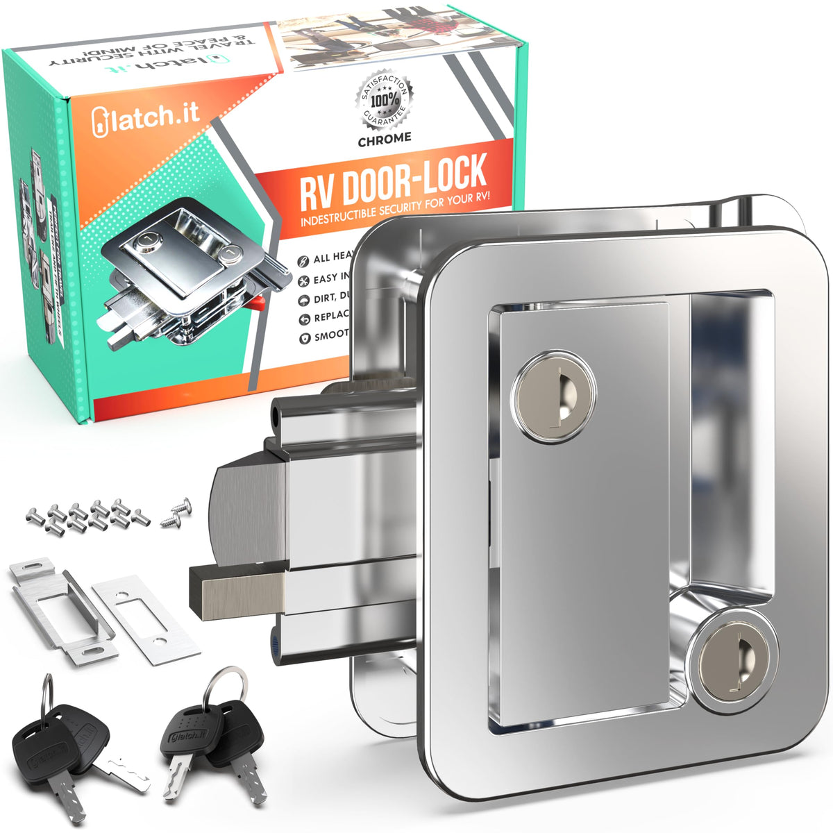 LATCH.IT chrome front view of RV door handle showing durable finish and secure appearance