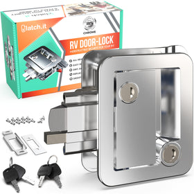 LATCH.IT chrome front view of RV door handle showing durable finish and secure appearance