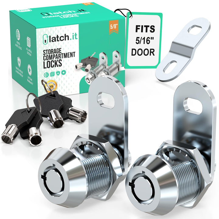 LATCH.IT front view of two cam locks showing durable finish and mounting hardware benefit