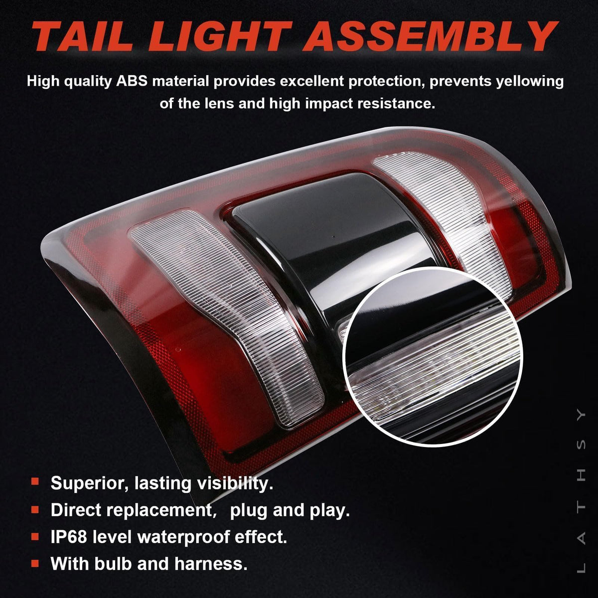 Lathsy tail light next to ruler showing dimensions for correct fitment benefit