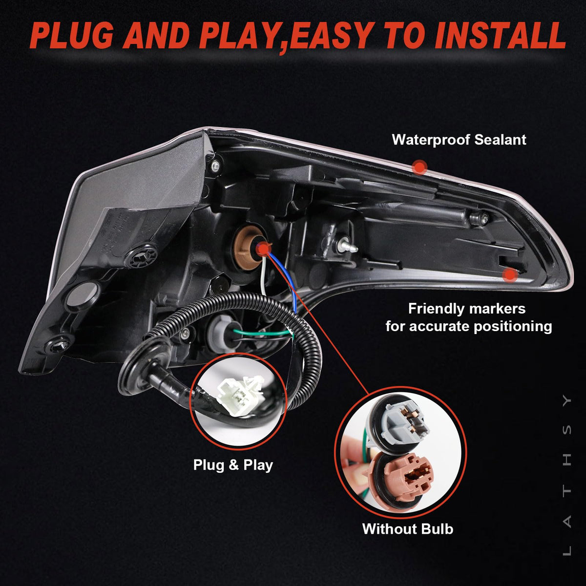 Lathsy tail light backside with mounting points and bulb harness connection