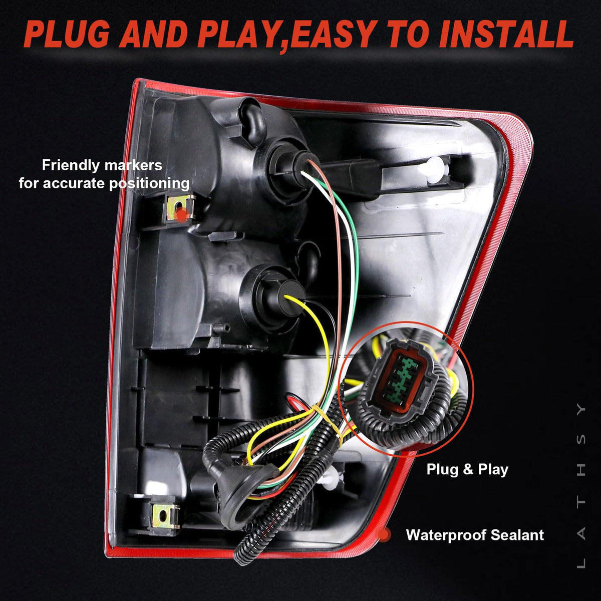 Lathsy tail light rear housing with plug showing easy plug-and-play benefit