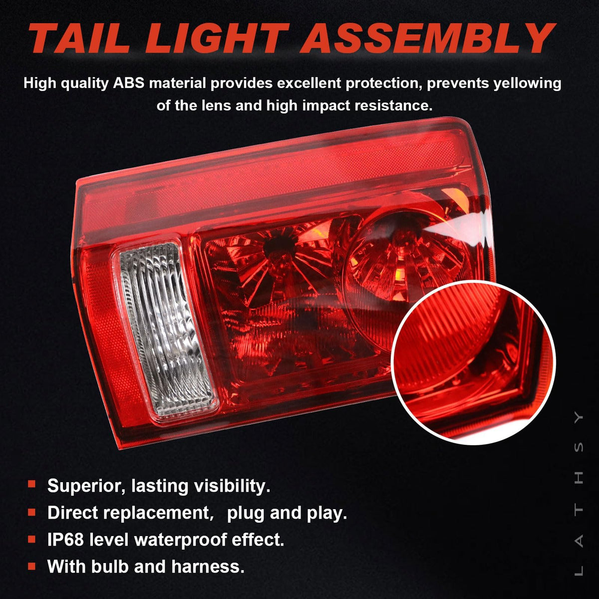 Lathsy tail light held in hand for scale showing compact direct-fit benefit
