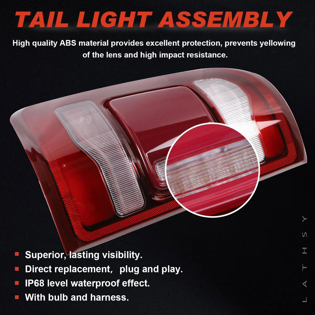 Lathsy taillight next to tailgate showing actual scale and mounting points