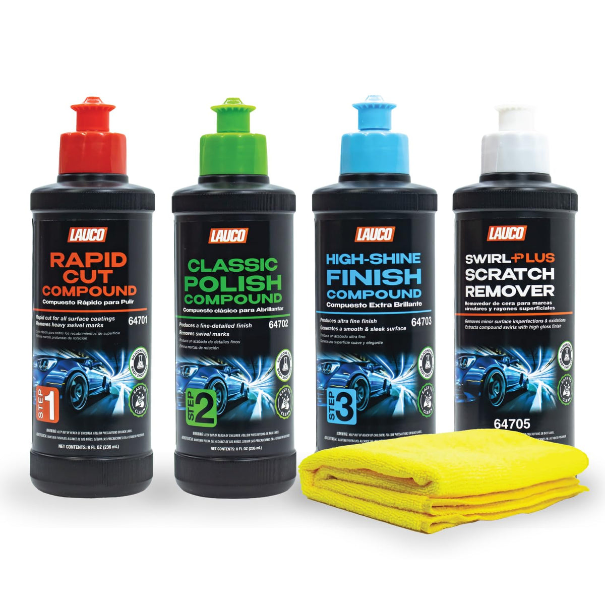 LAUCO front packaging showing full 3-step kit and towel for easy setup