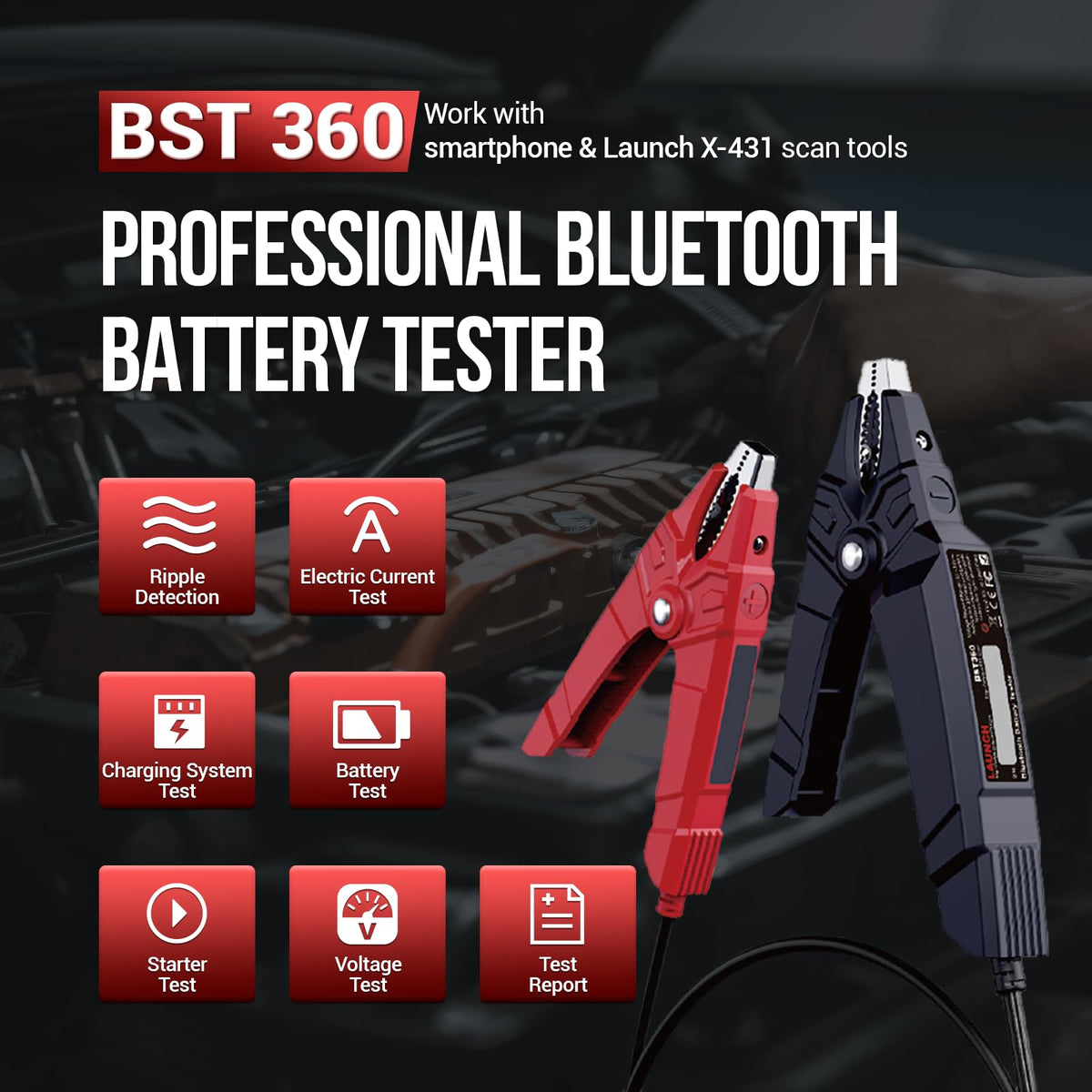 LAUNCH BST360 paired with smartphone app displaying test results and reports