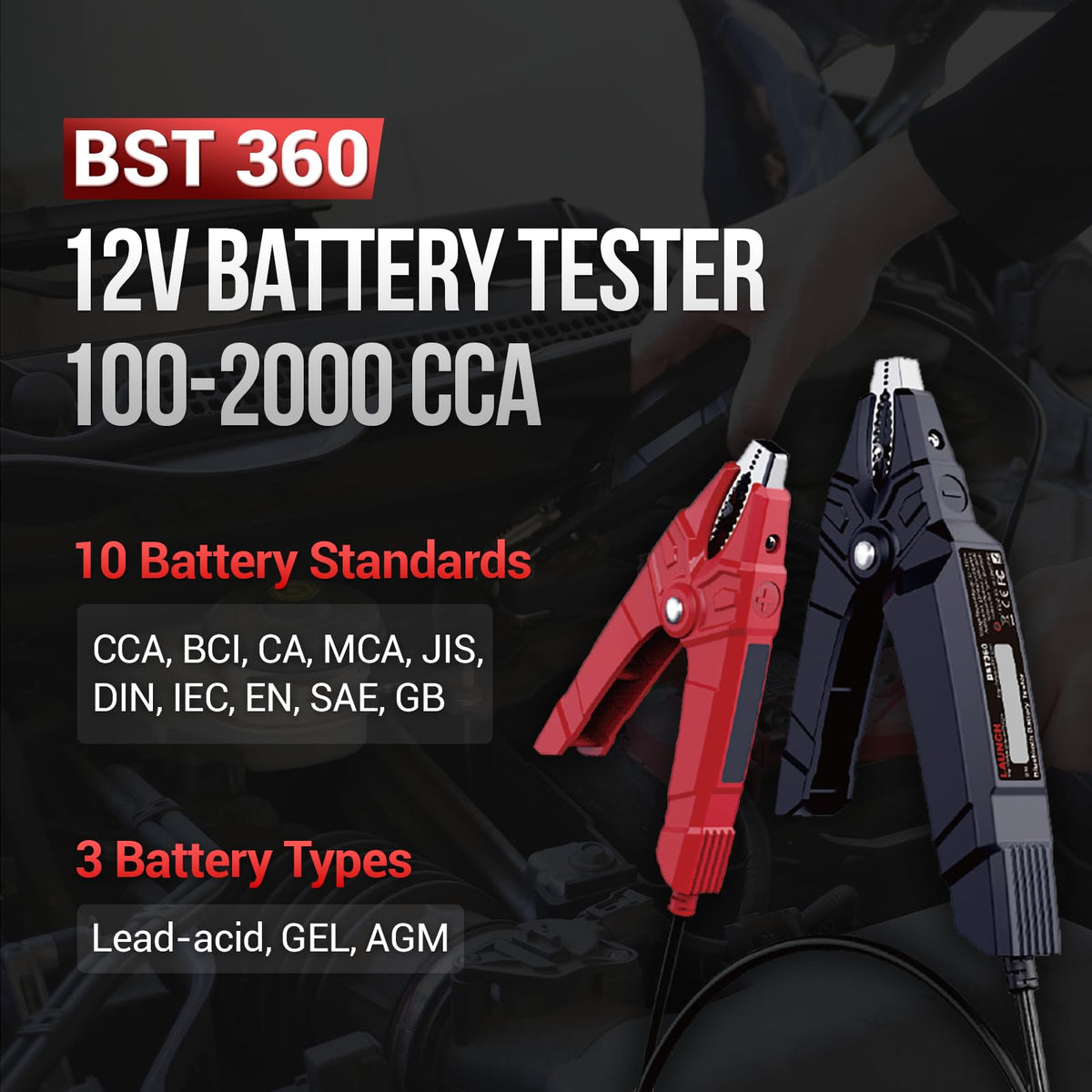 LAUNCH BST360 clamped to car battery terminals demonstrating safe in-vehicle use