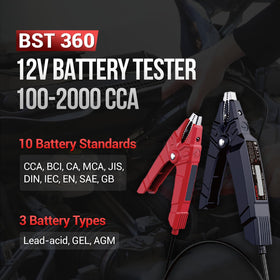 LAUNCH BST360 clamped to car battery terminals demonstrating safe in-vehicle use