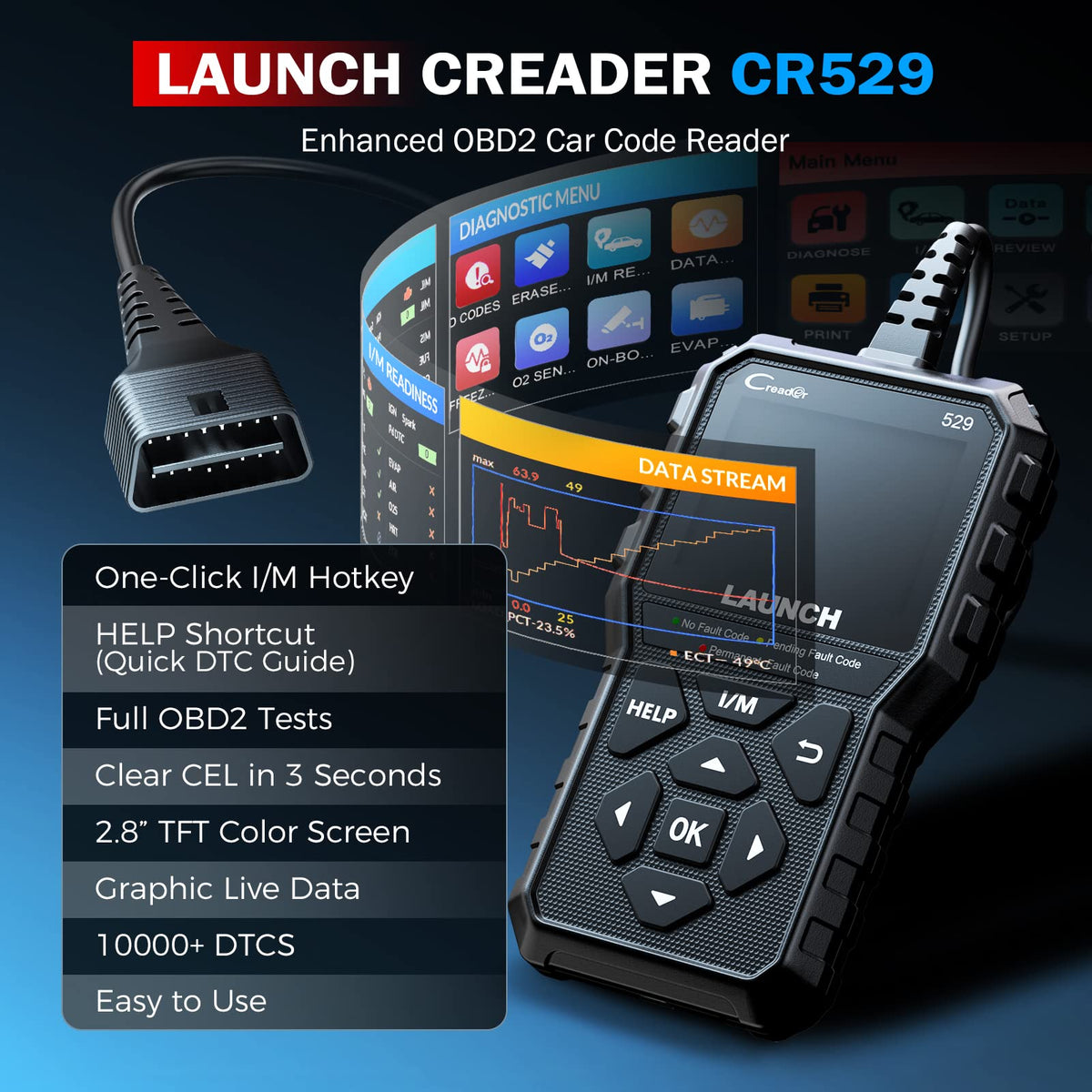 LAUNCH CR529 close-up screen displaying live data graph for easier troubleshooting