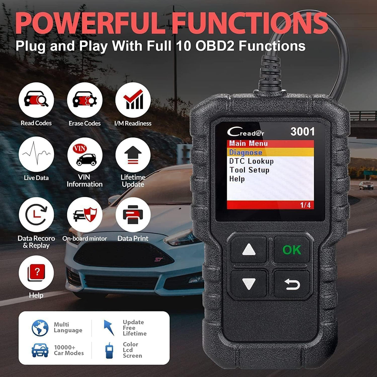 LAUNCH Creader 3001 cable and connector detail with durable insulation for secure OBD2 connection
