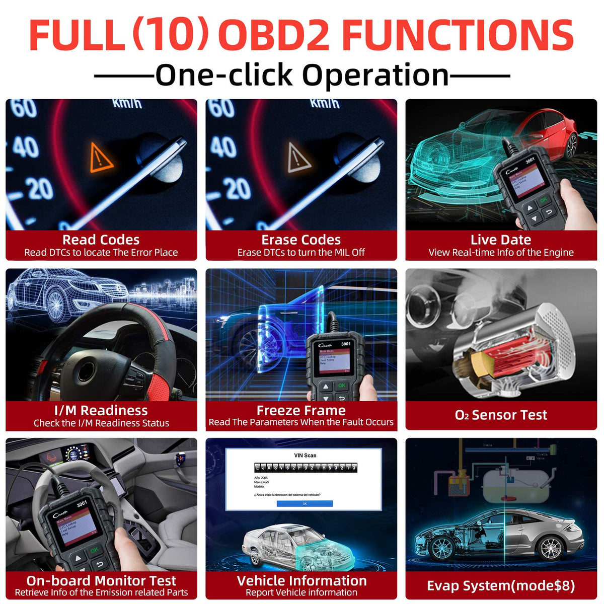 LAUNCH Creader 3001 cable and OBD2 connector ready for plug-and-play convenience