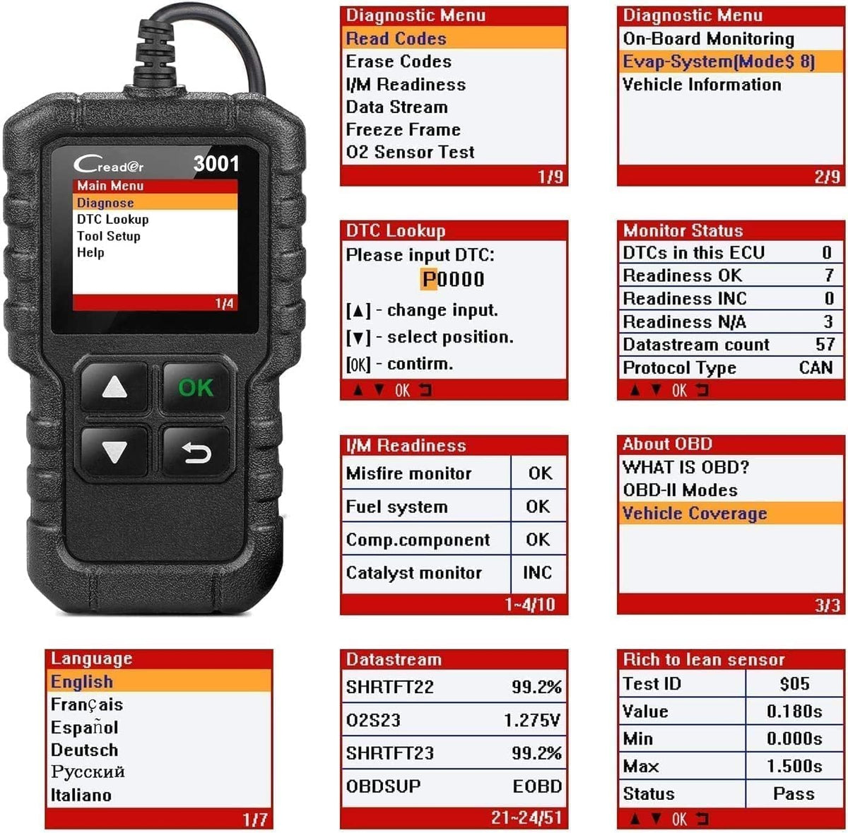 LAUNCH Creader 3001 held in hand for size comparison illustrating portable diagnostic convenience