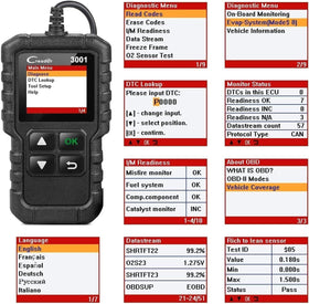 LAUNCH Creader 3001 held in hand for size comparison illustrating portable diagnostic convenience