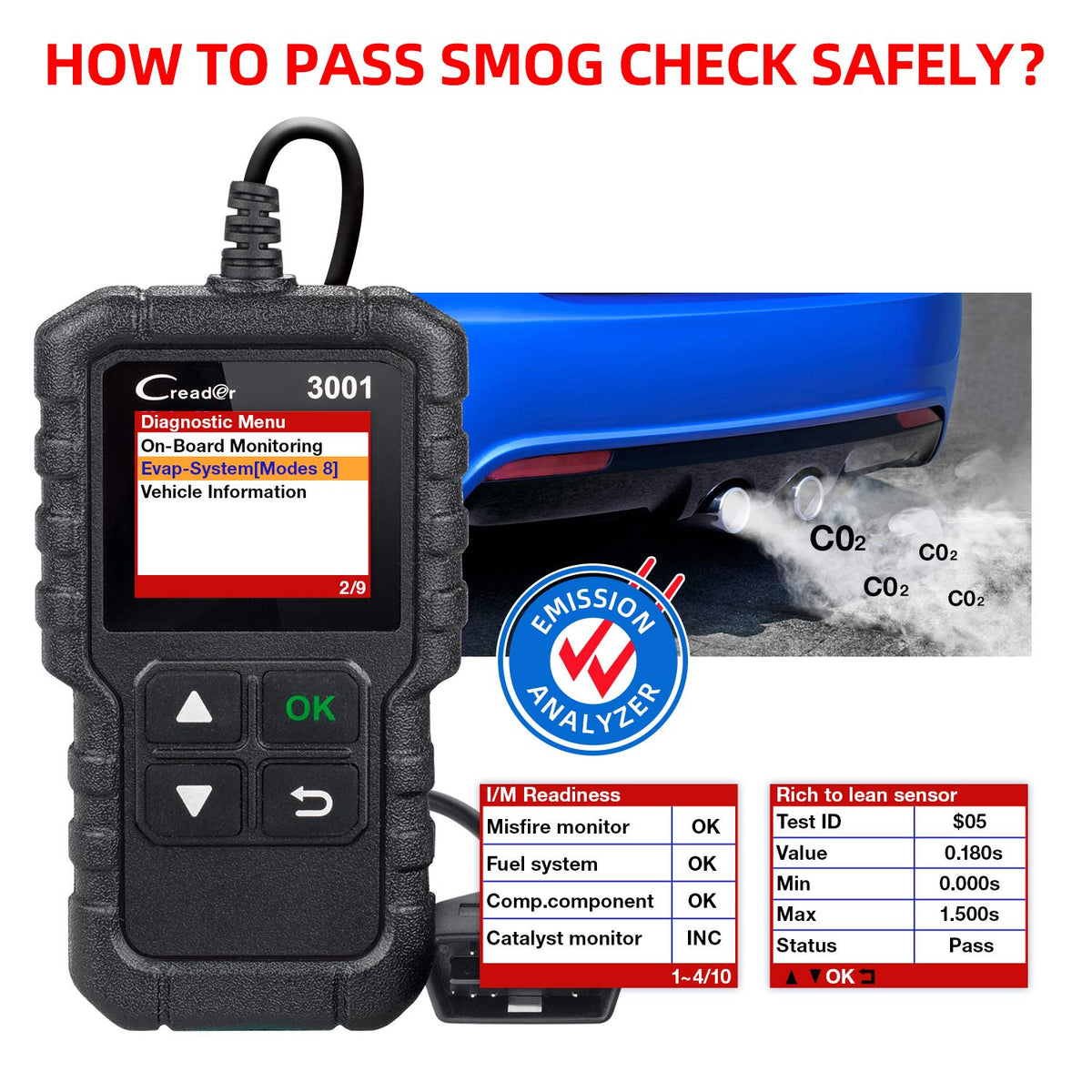 LAUNCH Creader 3001 connected to vehicle OBD port illustrating in-car use