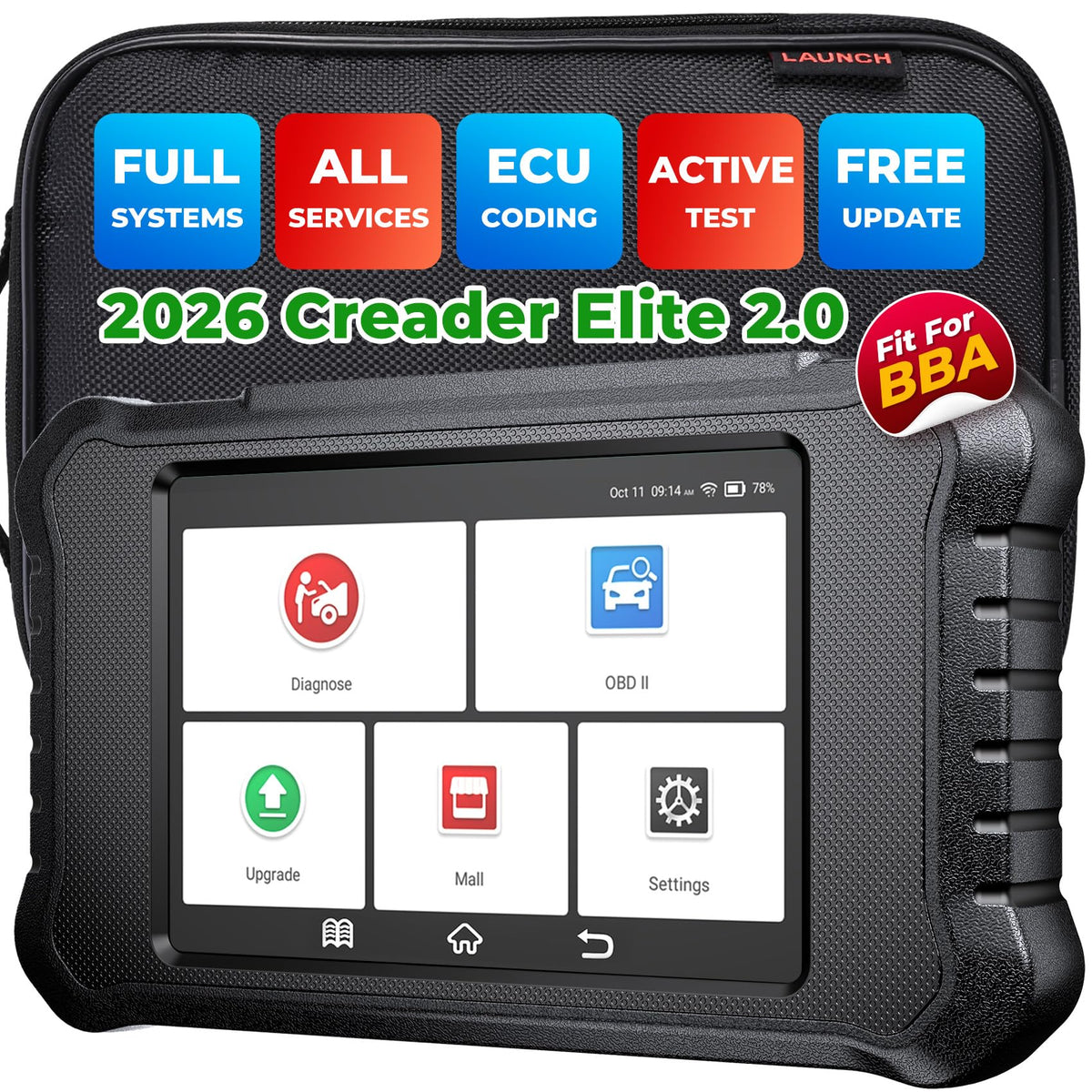 LAUNCH device front view with clear display showing model and ease of use