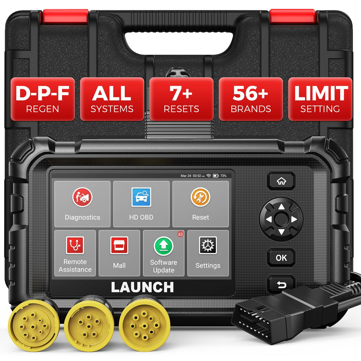 LAUNCH front display showing diagnostic home screen and fast navigation benefit
