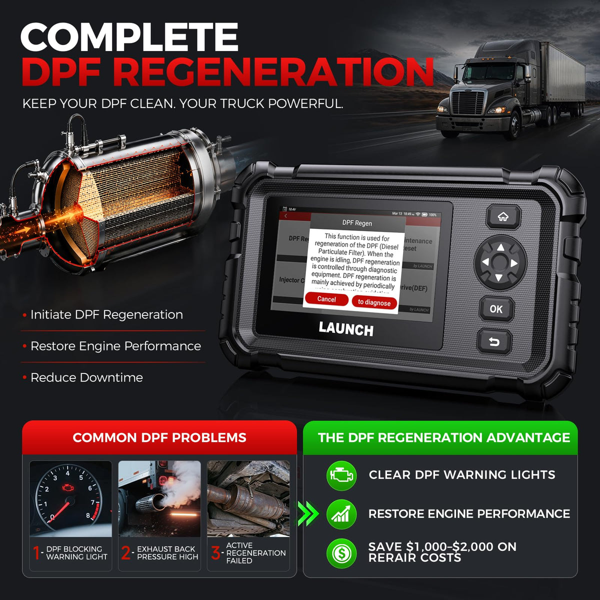 LAUNCH ports and OBD connectors visible for wide truck compatibility benefit