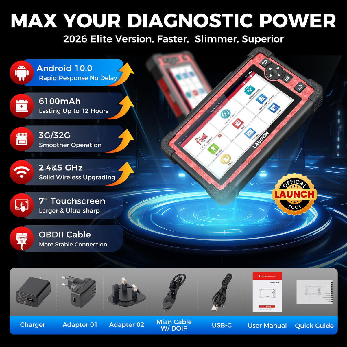 LAUNCH CRP919E next to a smartphone showing compact size and portability advantage