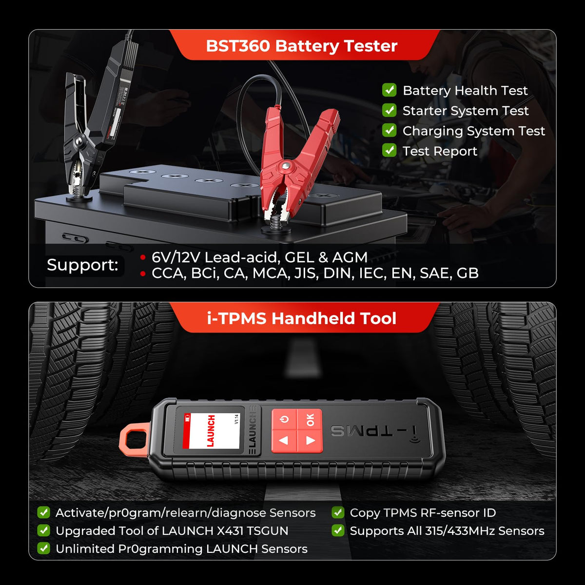 LAUNCH CRP919X paired with BST360 battery tester showing battery SOC/SOH assessment