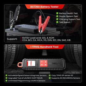 LAUNCH CRP919X paired with BST360 battery tester showing battery SOC/SOH assessment