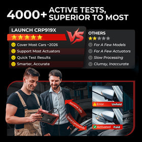 Technician using LAUNCH CRP919X in a garage to run full-system vehicle scans efficiently