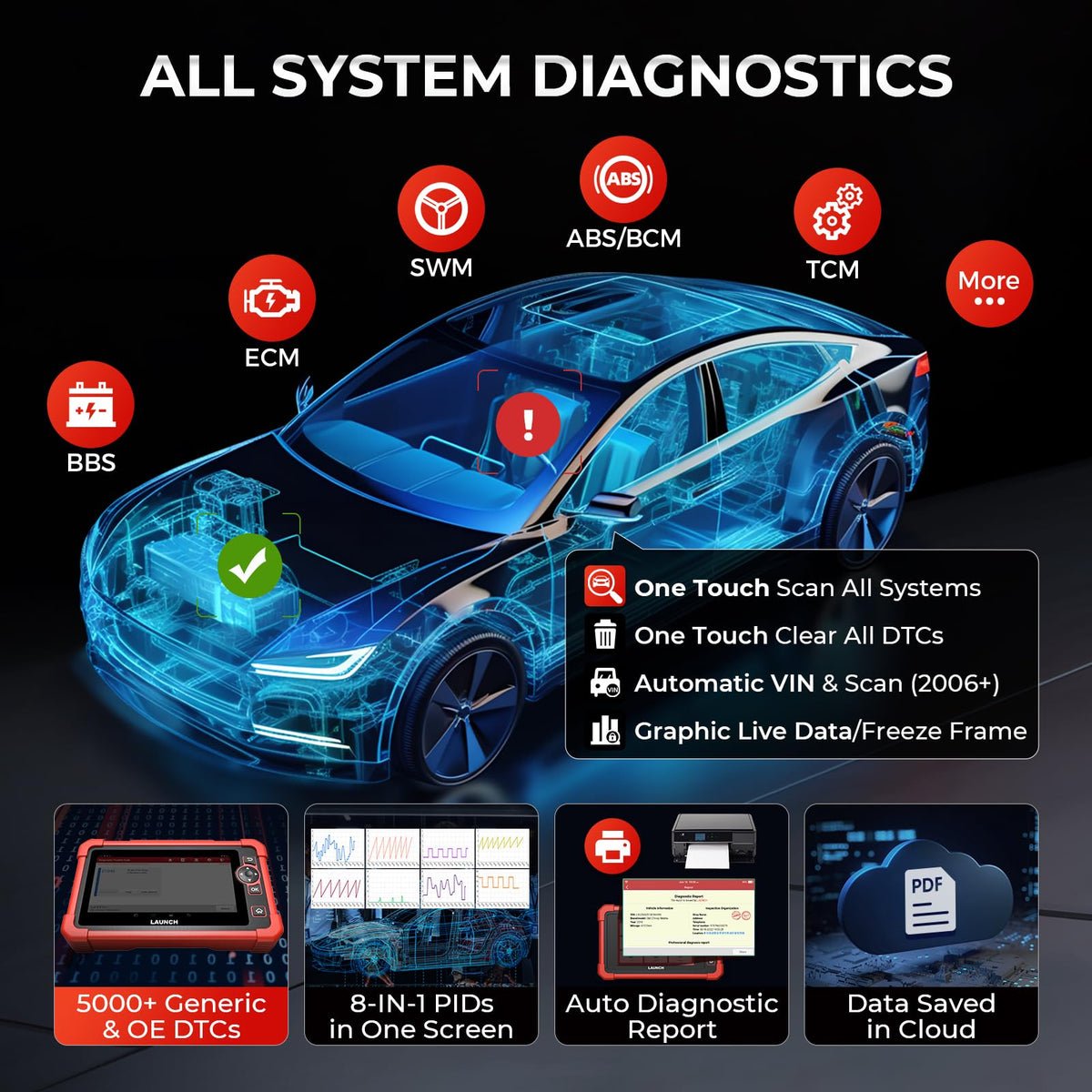 LAUNCH CRP919X held in hand to show size and portability for mobile technicians