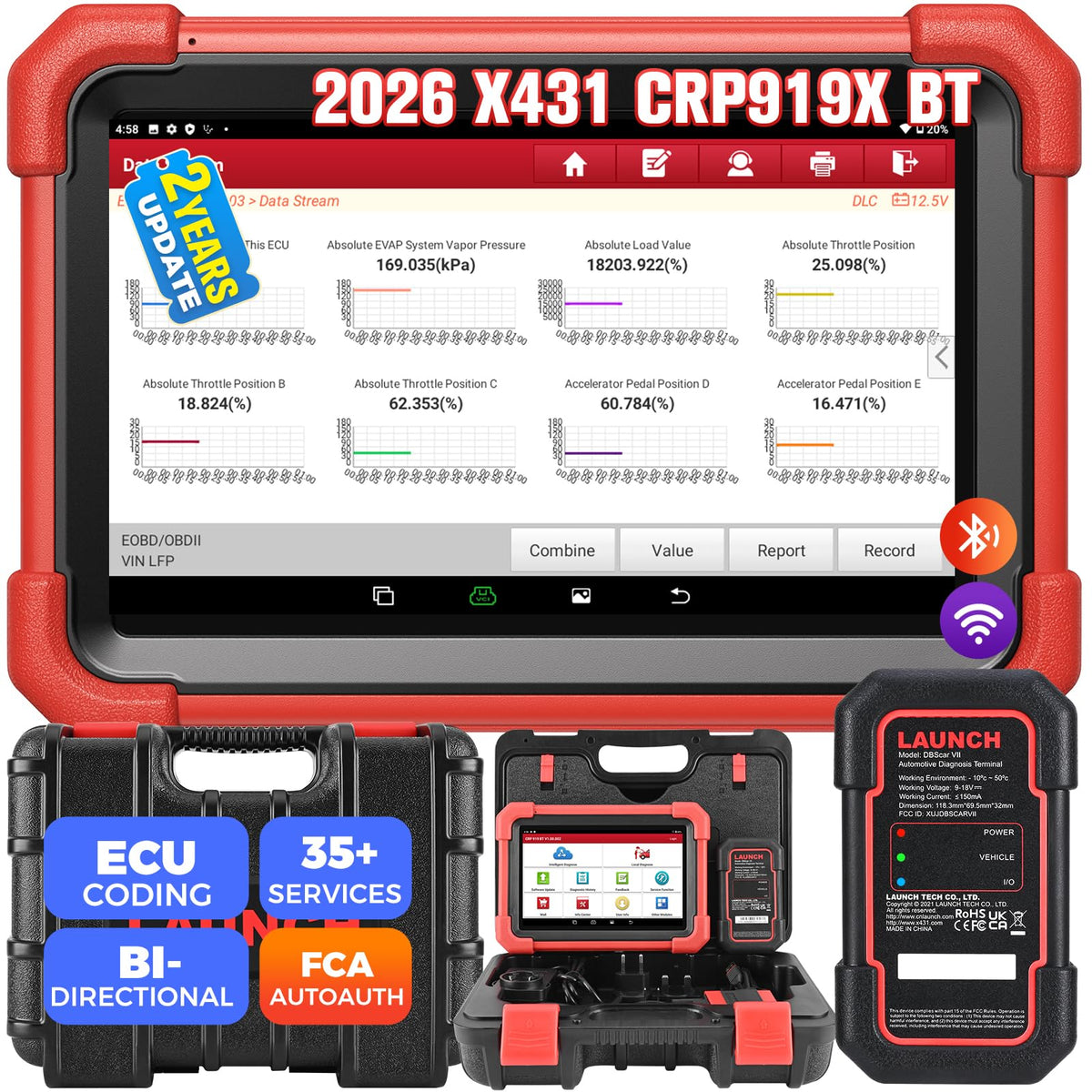 LAUNCH front view of tablet and VCI showing portability and fast diagnostics