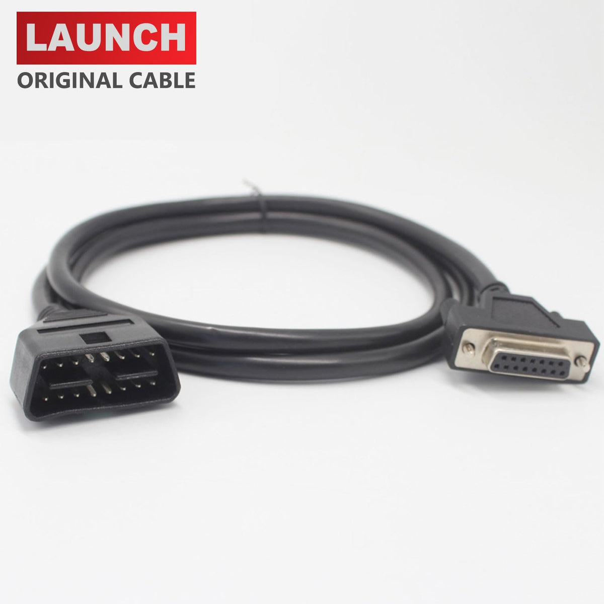 LAUNCH cable packaging label showing model fit and one-year warranty benefit