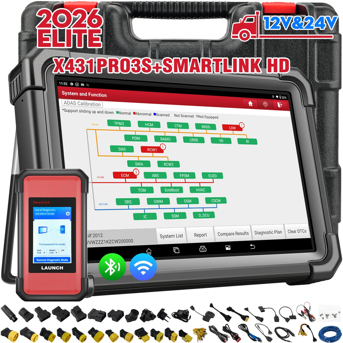 LAUNCH front view of X431 PRO3S+ showing rugged housing and screen, professional durability