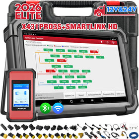 LAUNCH front view of X431 PRO3S+ showing rugged housing and screen, professional durability