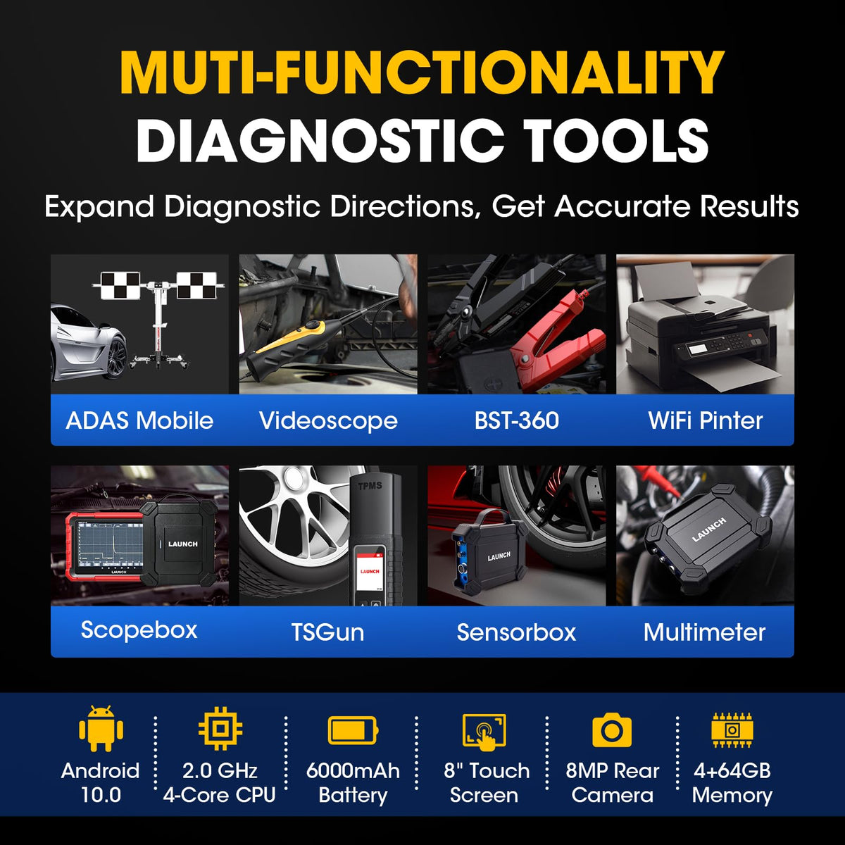 LAUNCH PROS ELITE accessories laid out including cables and adapters for workshop use